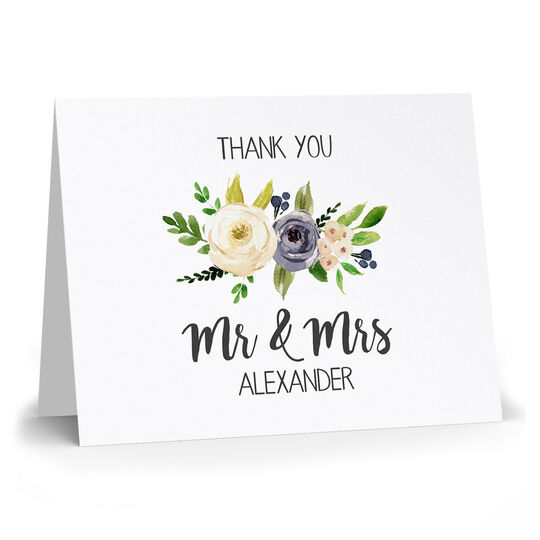 Gray and Ivory Roses Mr and Mrs Folded Thank You Note Cards